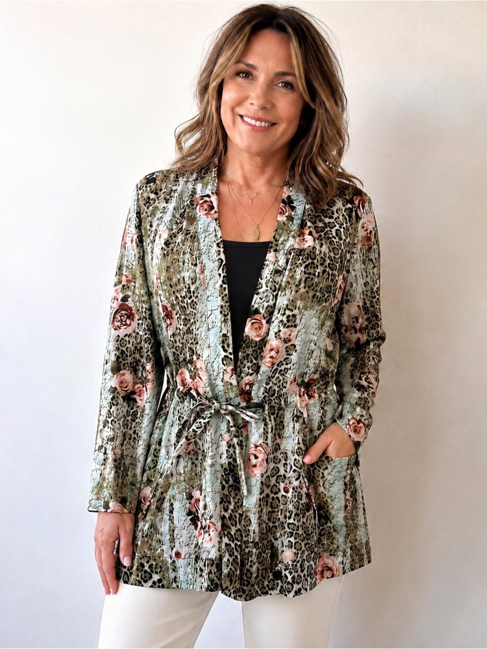 VTG Alberto Makali Linen Top Womens XL Leopard Floral Belted Art To Wear USA